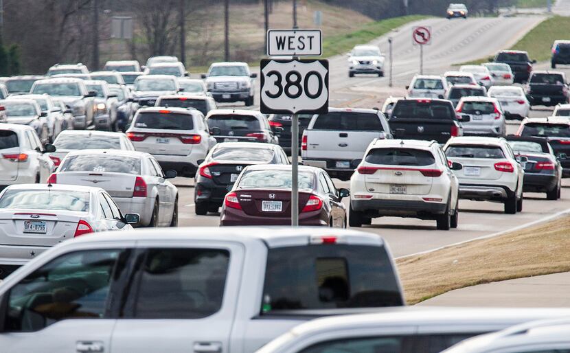 Traffic backs up at evening rush hour on U.S. Highway 380 near Lake Forest Drive in McKinney...