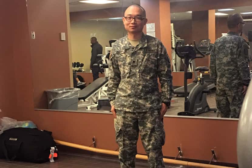 This photo provided by Panshu Zhao shows Zhao in uniform on Feb. 11, at a U.S. Army Reserve...