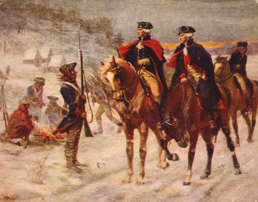 A 1907 print of a John Ward Dunsmore painting depicts George Washington and the Marquis de...