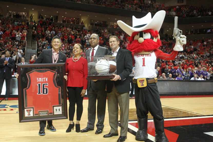 Mar 5, 2016; Lubbock, TX, USA; Texas Tech Red Raiders head coach Tubby Smith is presented a...