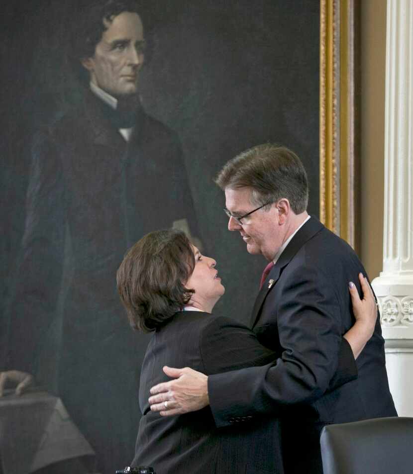 
Sen. Leticia Van de Putte greets Lt. Gov. Dan Patrick, her opponent in last year’s...