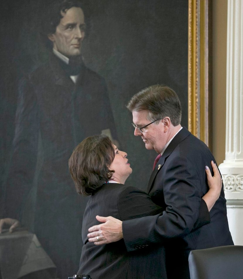 
Sen. Leticia Van de Putte greets Lt. Gov. Dan Patrick, her opponent in last year’s...