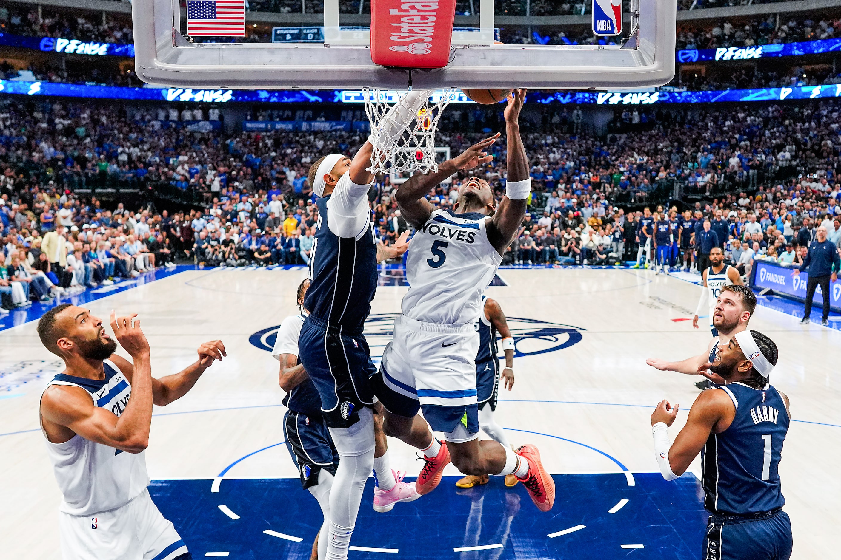 Dallas Mavericks center Daniel Gafford (21) blocks a shot by Minnesota Timberwolves guard...