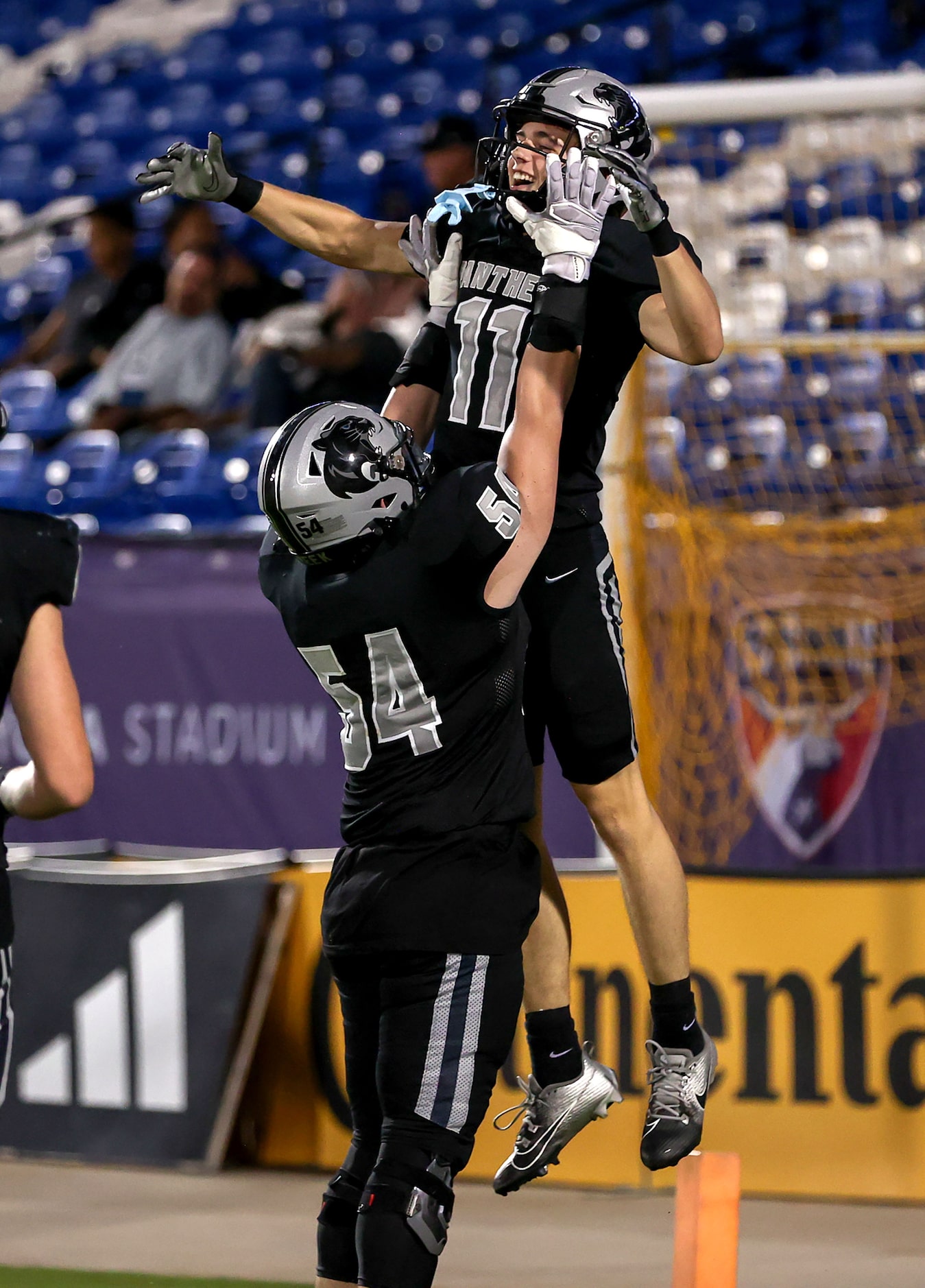 Frisco Panther Creek wide receiver Cristian Trickett (11) celebrates with offensive lineman...