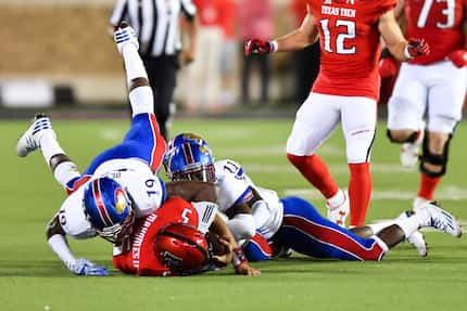 LUBBOCK, TX - SEPTEMBER 29:Patrick Mahomes II #5 of the Texas Tech Red Raiders is injured on...