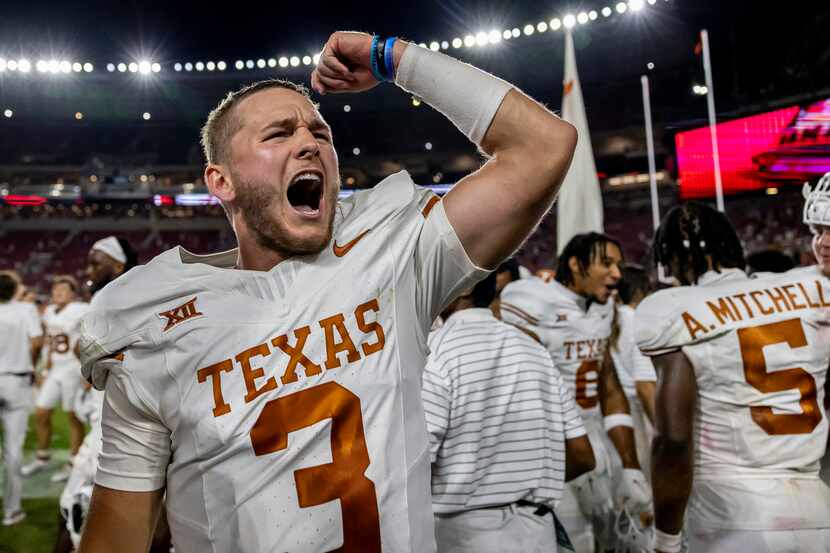 Texas quarterback Quinn Ewers (3) celebrates the team's win over Alabama in an NCAA college...