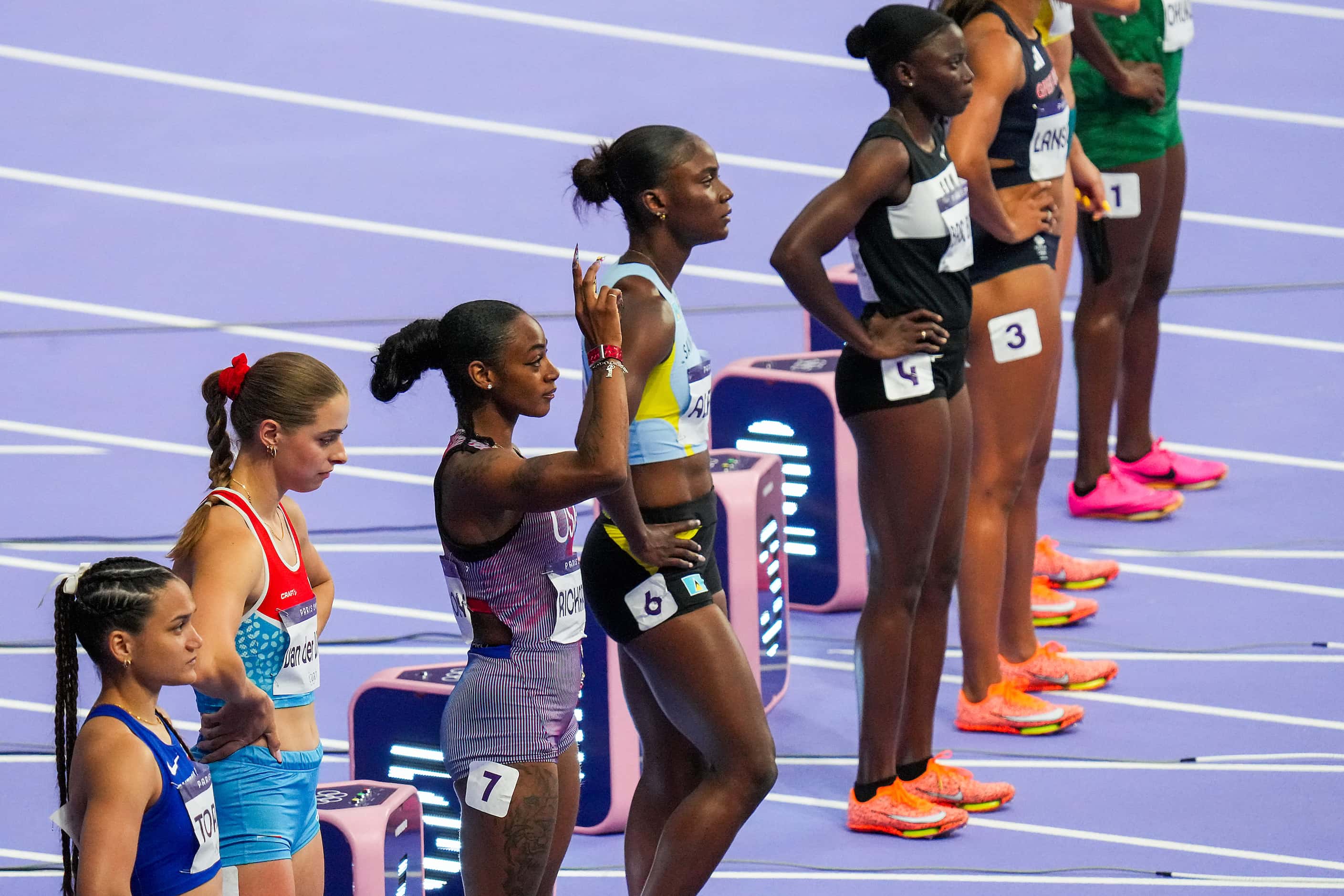 Sha'carri Richardson of the United States (7) is introduced for the start of a women’s...
