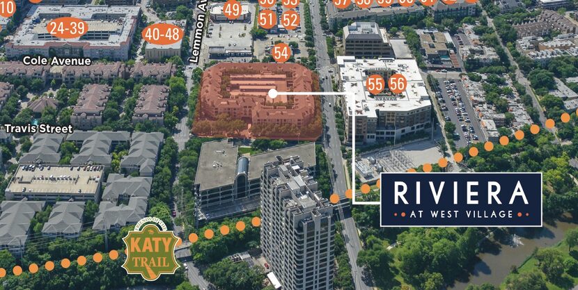 The Riviera apartments are near the Katy Trail and Turtle Creek.