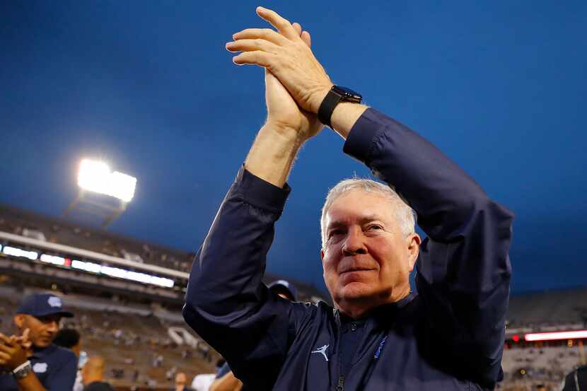 FILE — North Carolina head coach Mack Brown reacts after a 38-22 win against Georgia Tech at...