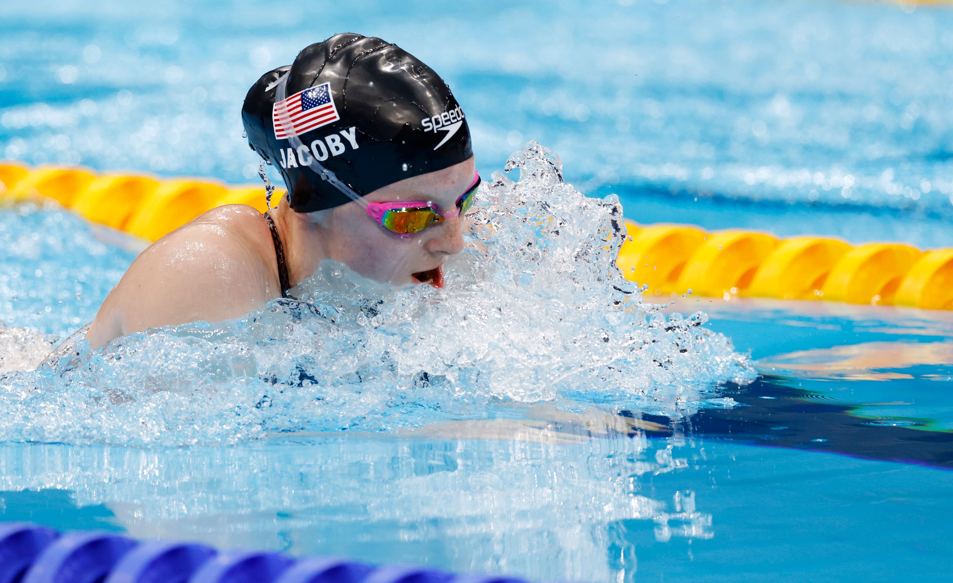 USA’s Lydia Jacoby competes in the women’s 100 meter breaststroke final during the postponed...