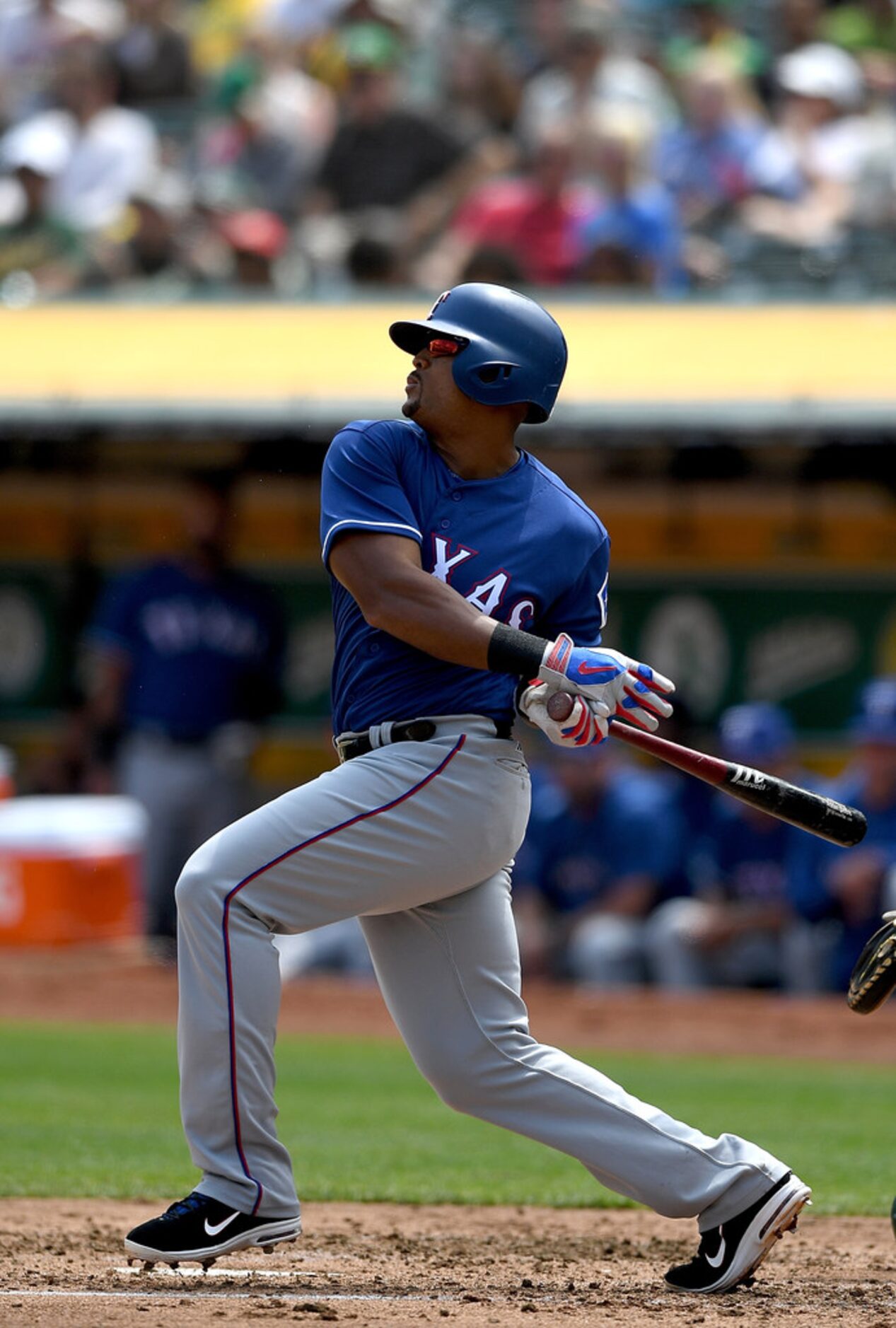 OAKLAND, CA - AUGUST 22:  Adrian Beltre #29 of the Texas Rangers hits an rbi single scoring...