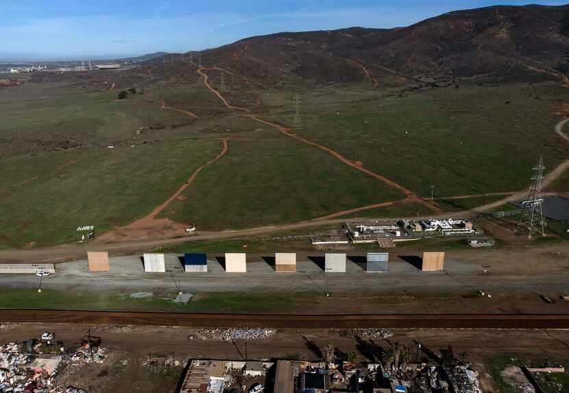 Aerial view of President Donald Trump's border wall prototypes as seen from Tijuana, in Baja...