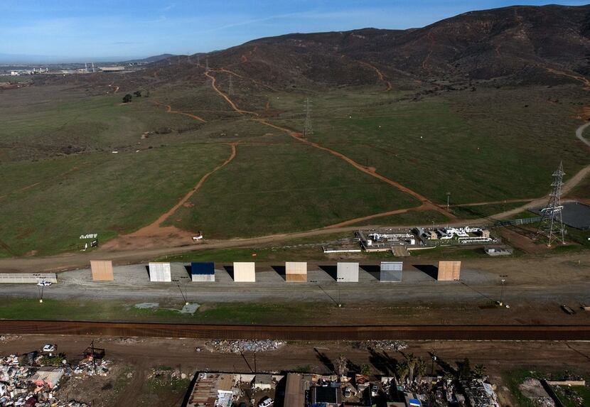 Aerial view of President Donald Trump's border wall prototypes as seen from Tijuana, in Baja...