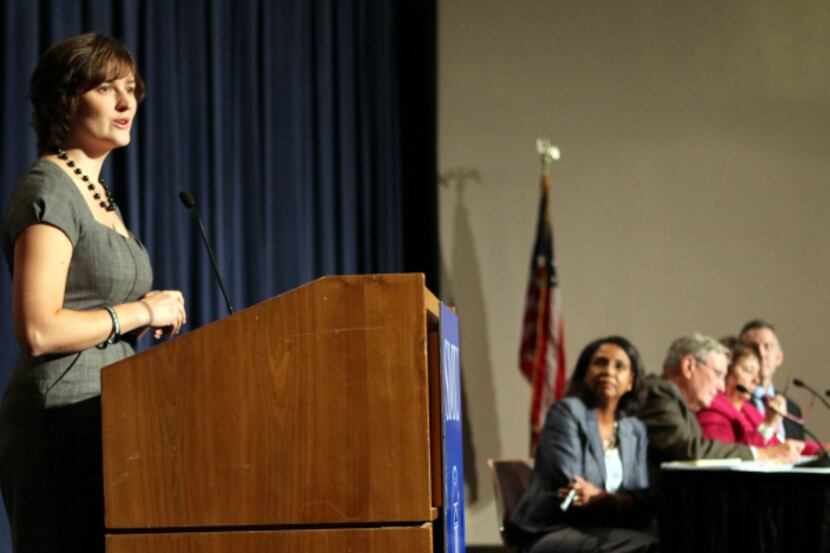 Women's health activist Sandra Fluke speaks briefly before joining a panel at SMU on Monday.