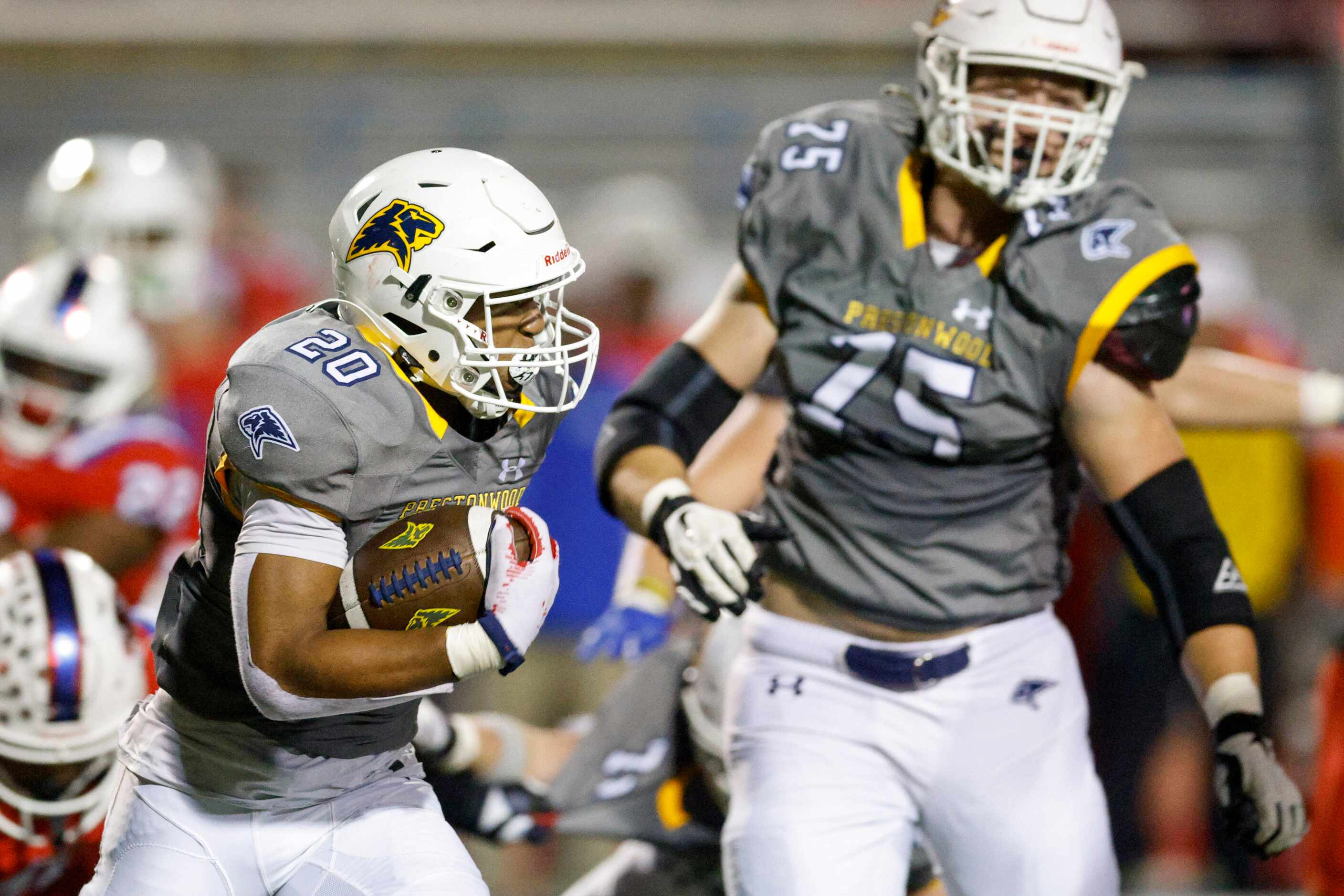 Prestonwood Christian running back AJ Sibley (20) runs the ball during the first half of the...