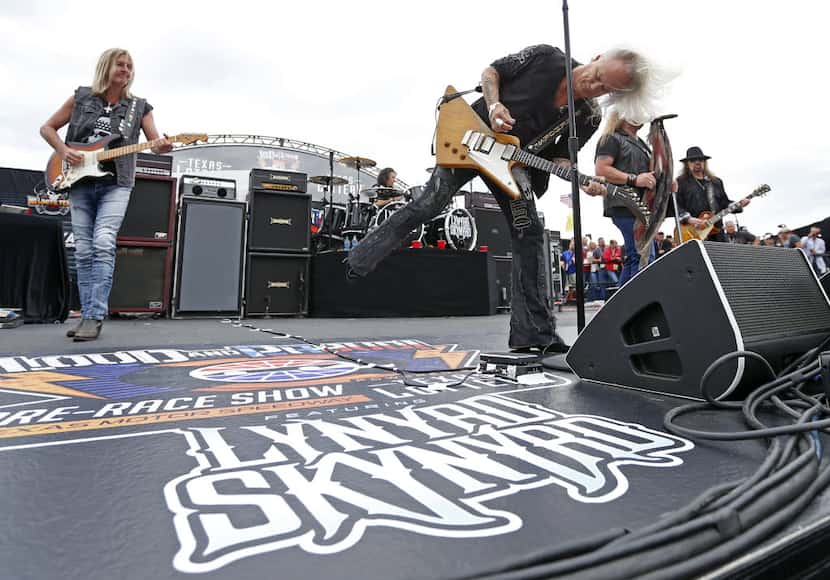 Members of Lynyrd Skynyrd perform onstage during Duck Commander 500 at Texas Motor Speedway...