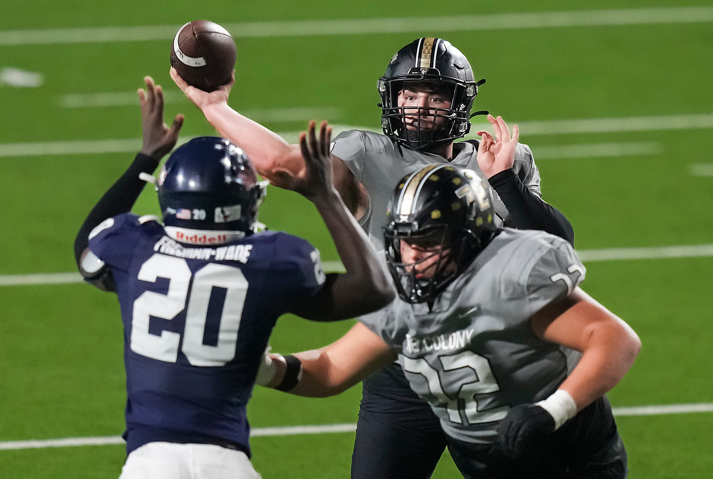 The Colony quarterback Carson Cox (10) throws a touchdown pass over Denton Ryan defensive...