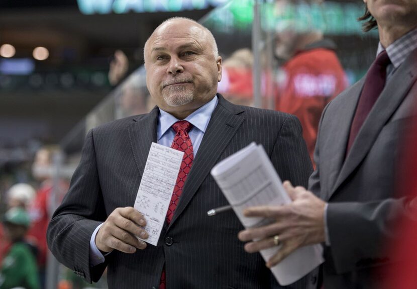 Jan 17, 2015; Dallas, TX, USA; Washington Capitals head coach Barry Trotz watches his team...