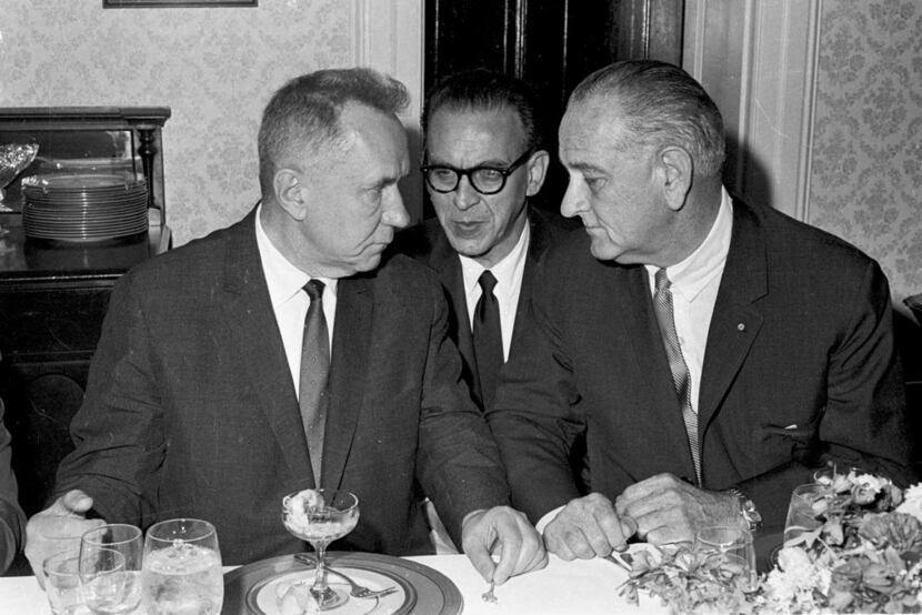 This June 23, 1967 black-and-white file photo shows Soviet Premier Alexei N. Kosygin, left,...