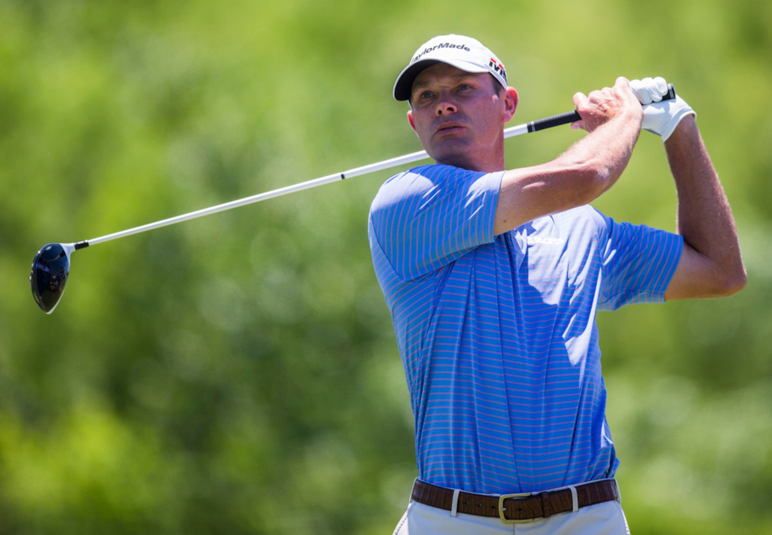 Shawn Stefani tees off at hole 4 during round 4 of the AT&T Byron Nelson golf tournament on...