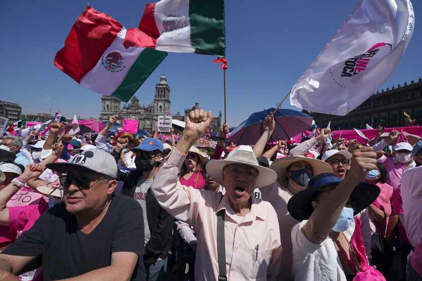 Anti-government demonstrators shout slogans against Mexican President Andres Manuel Lopez...