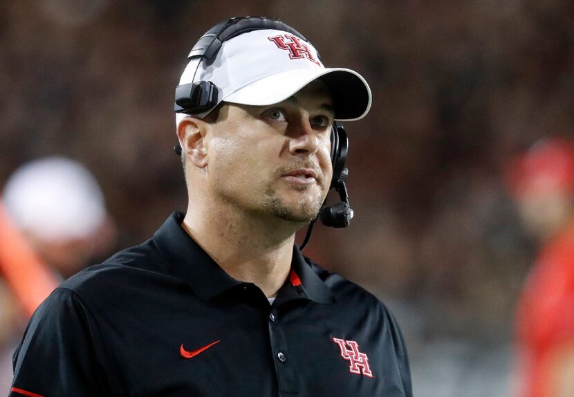 FILE - In this Sept. 15, 2016, file photo, Houston coach Tom Herman stands on the sideline...