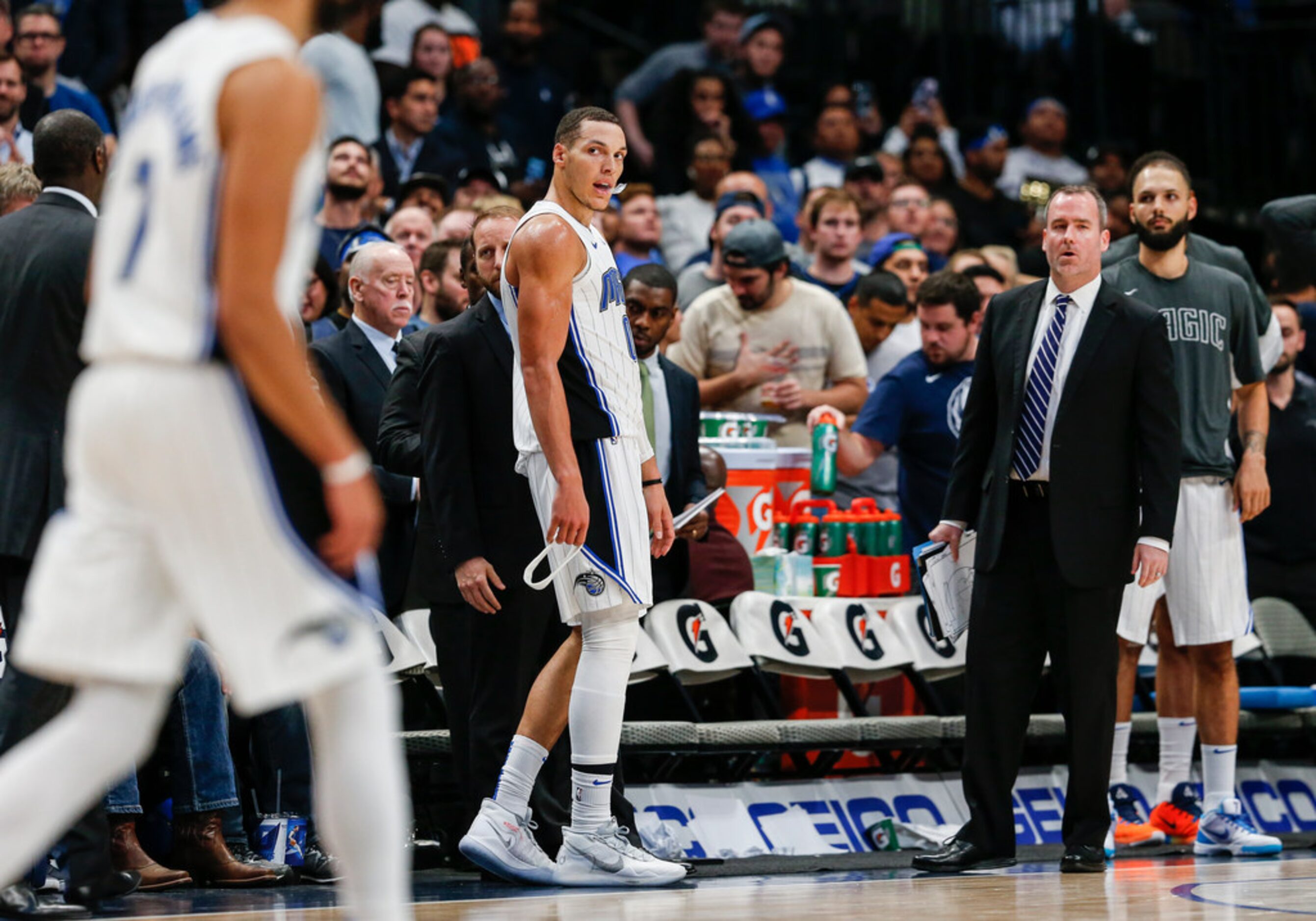 Orlando Magic forward Aaron Gordon (00) exits the court after fouling out during the fourth...