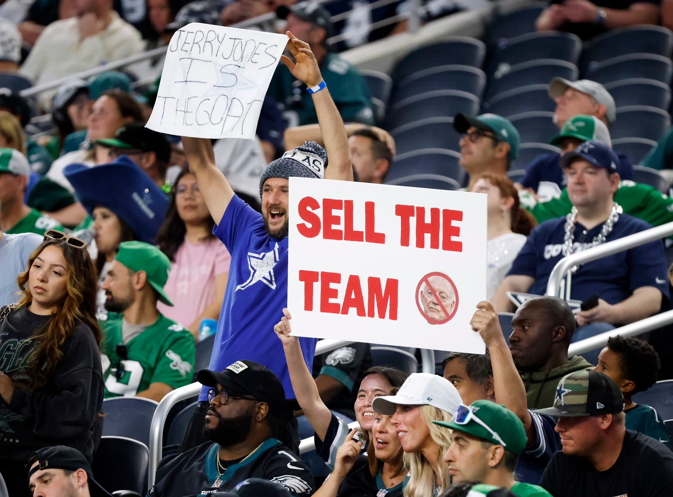 Fans suggest that Dallas Cowboys owner and ‘Goat’ Jerry Jones sell the team during the...