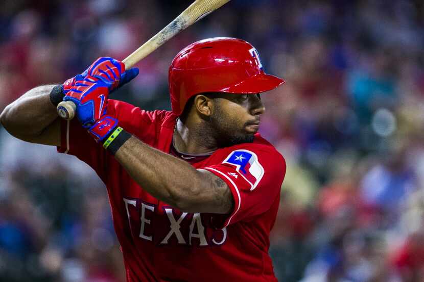 Texas Rangers shortstop Elvis Andrus (1) bats during the eighth inning of their game against...