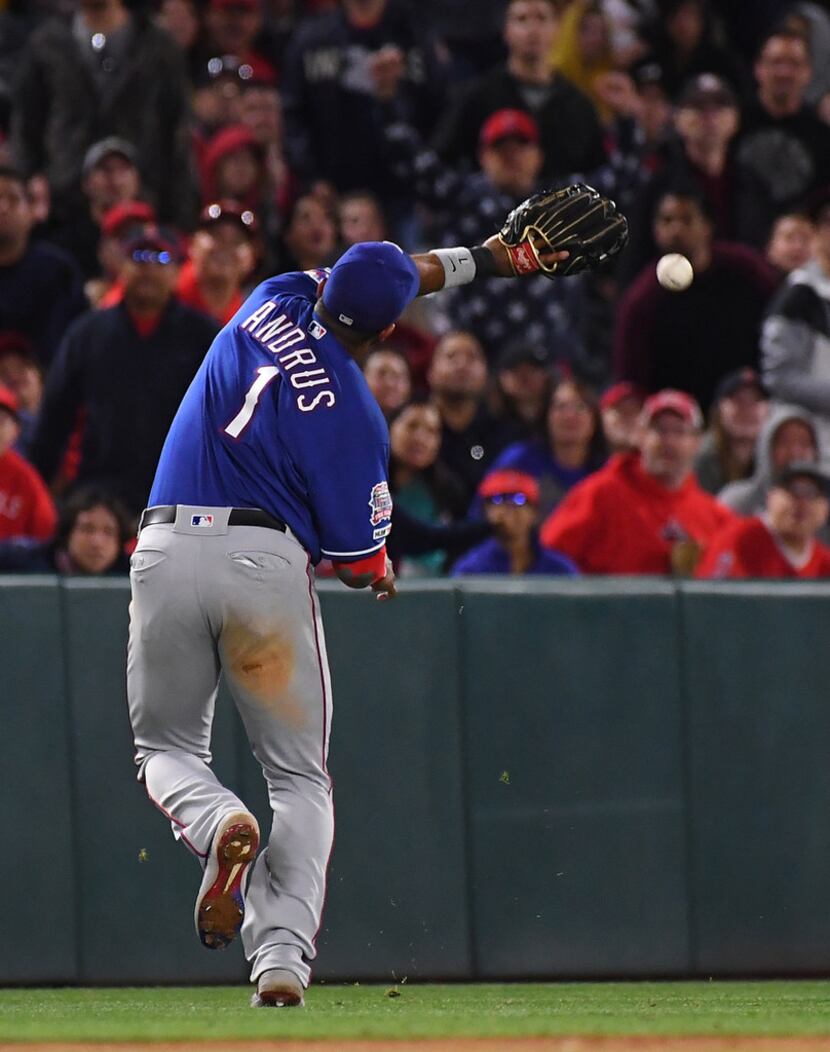 ANAHEIM, CA - MAY 25: Elvis Andrus #1 of thee Texas Rangers can't reach a walk off pinch hit...