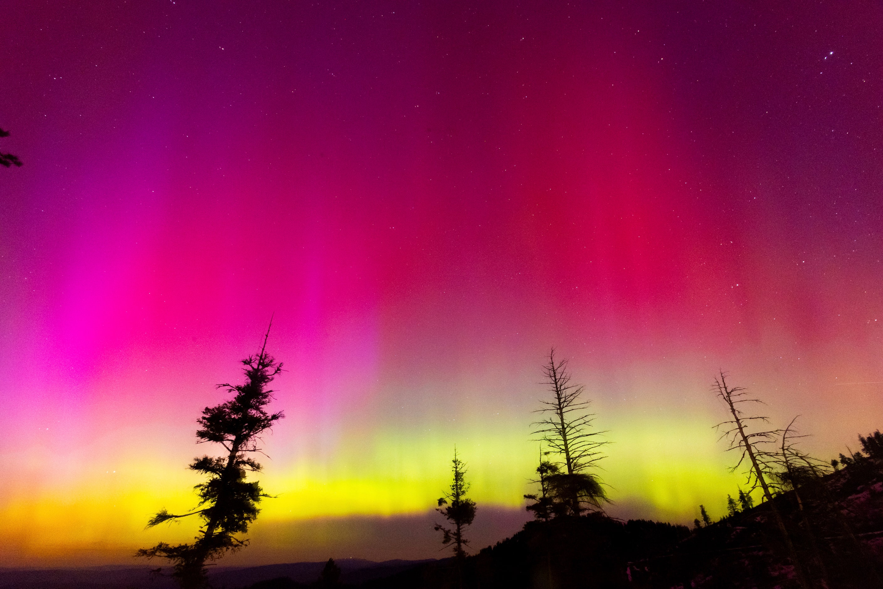 The Northern lights fill the sky at the Bogus Basin ski resort on Saturday, May 11, 2024 in...