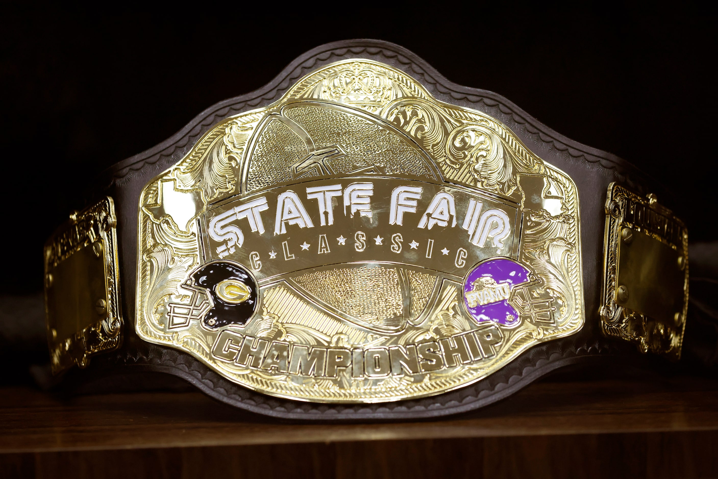 The State Fair Classic championship football belt was on display as city officials welcomed...