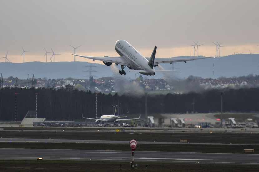 A United Airlines plane takes off to San Fransisco at Frankfurt Airport on March 12, 2020 in...