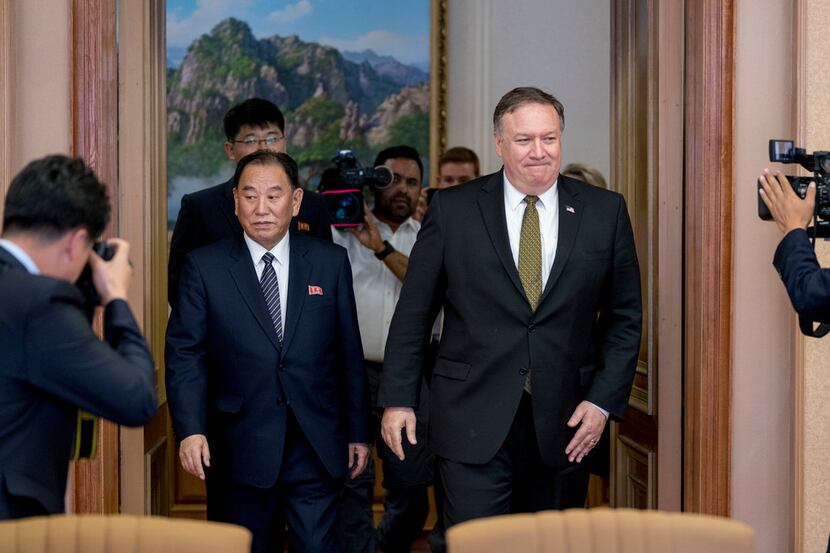 U.S. Secretary of State Mike Pompeo, right, and Kim Yong Chol, left, a North Korean senior...