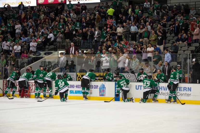Play is stopped during the Dallas Stars and Columbus Blue Jackets game while team officials...