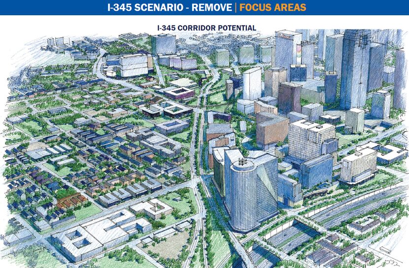 Proposal for removal of Interstate 345, which connects US Highway 75 and Interstate 45 on...