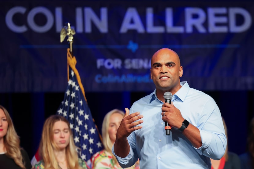 Senate candidate Colin Allred speaks alongside women's reproductive rights activists during...