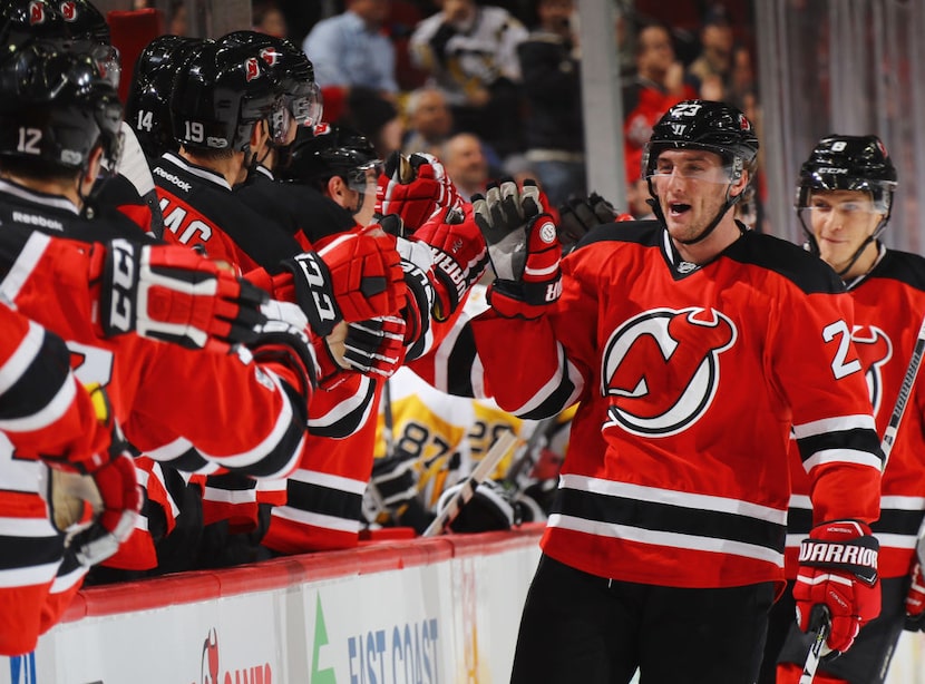 NEWARK, NJ - APRIL 06:  Stefan Noesen #23 of the New Jersey Devils celebrates his goal at...