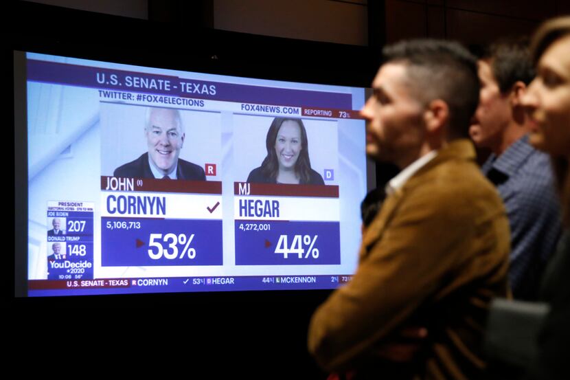 U.S. Senator John Cornyn and challenger MJ Hegar are pictured with some results at the...