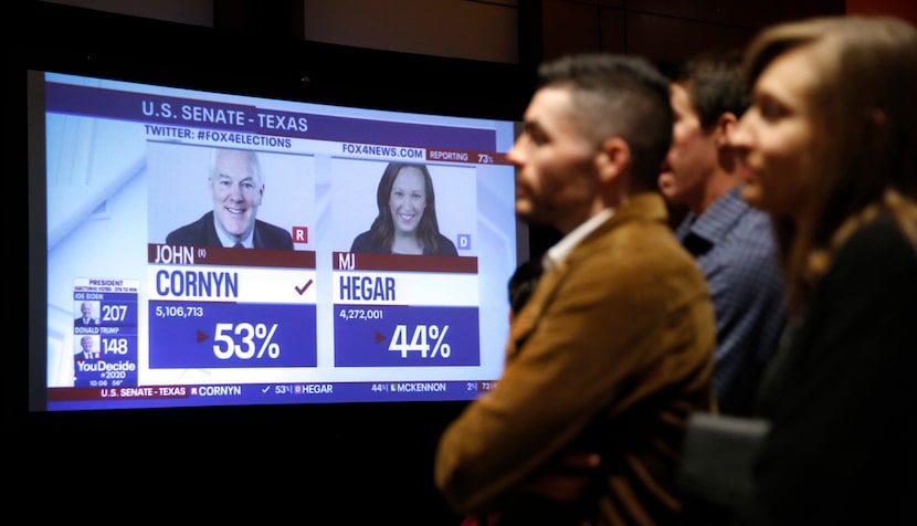 U.S. Sen. John Cornyn, R-Texas, and  Democratic challenger MJ Hegar are pictured with some...