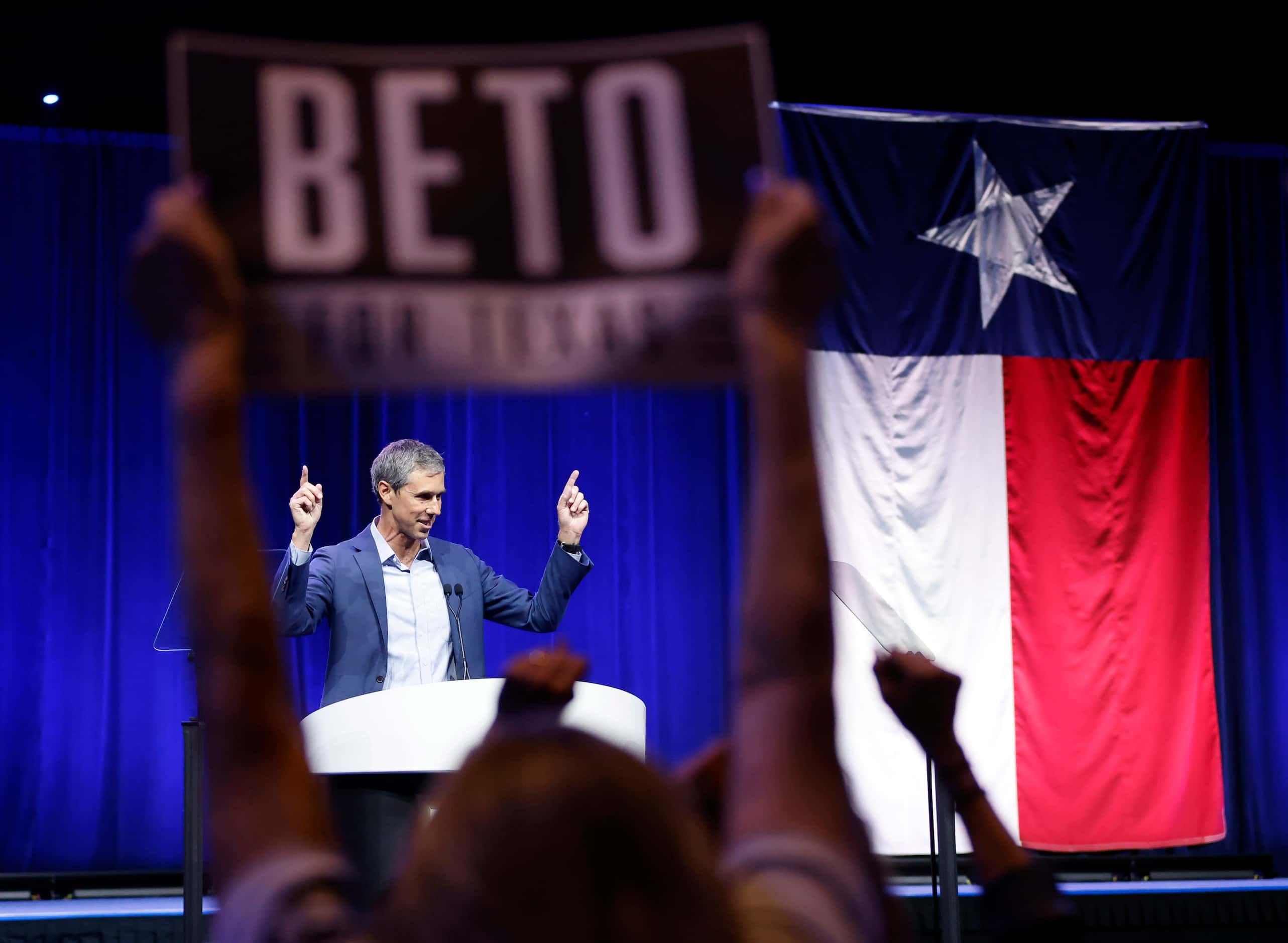 Democratic gubernatorial challenger Beto O'Rourke delivers his speech to delegates and...