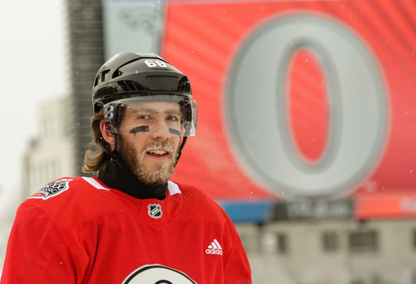 OTTAWA, ON - DECEMBER 15: Mike Hoffman #68 of the Ottawa Senators look on during a practice...