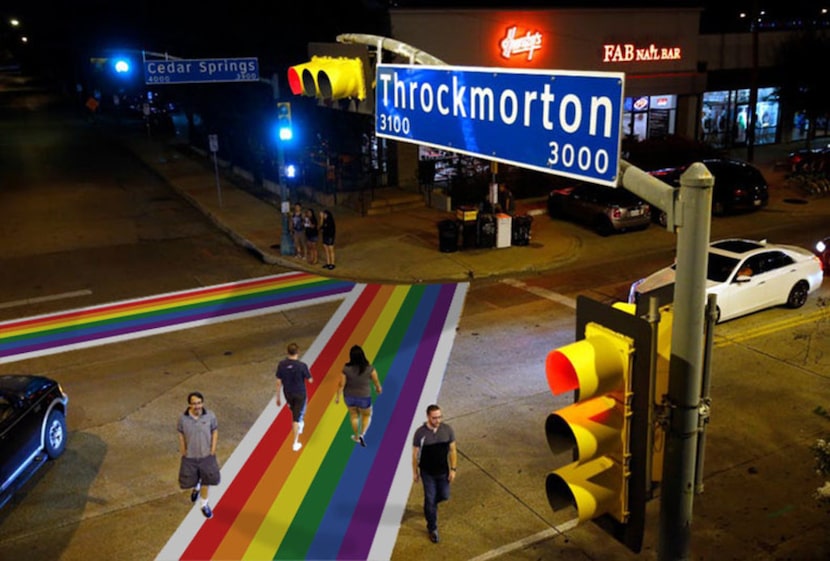 A digital rendering shows plans for rainbow crosswalks, this one at the corner of Cedar...