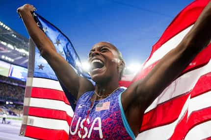 Bronze medalist Jasmine Moore of the United States celebrates after the women’s long jump...