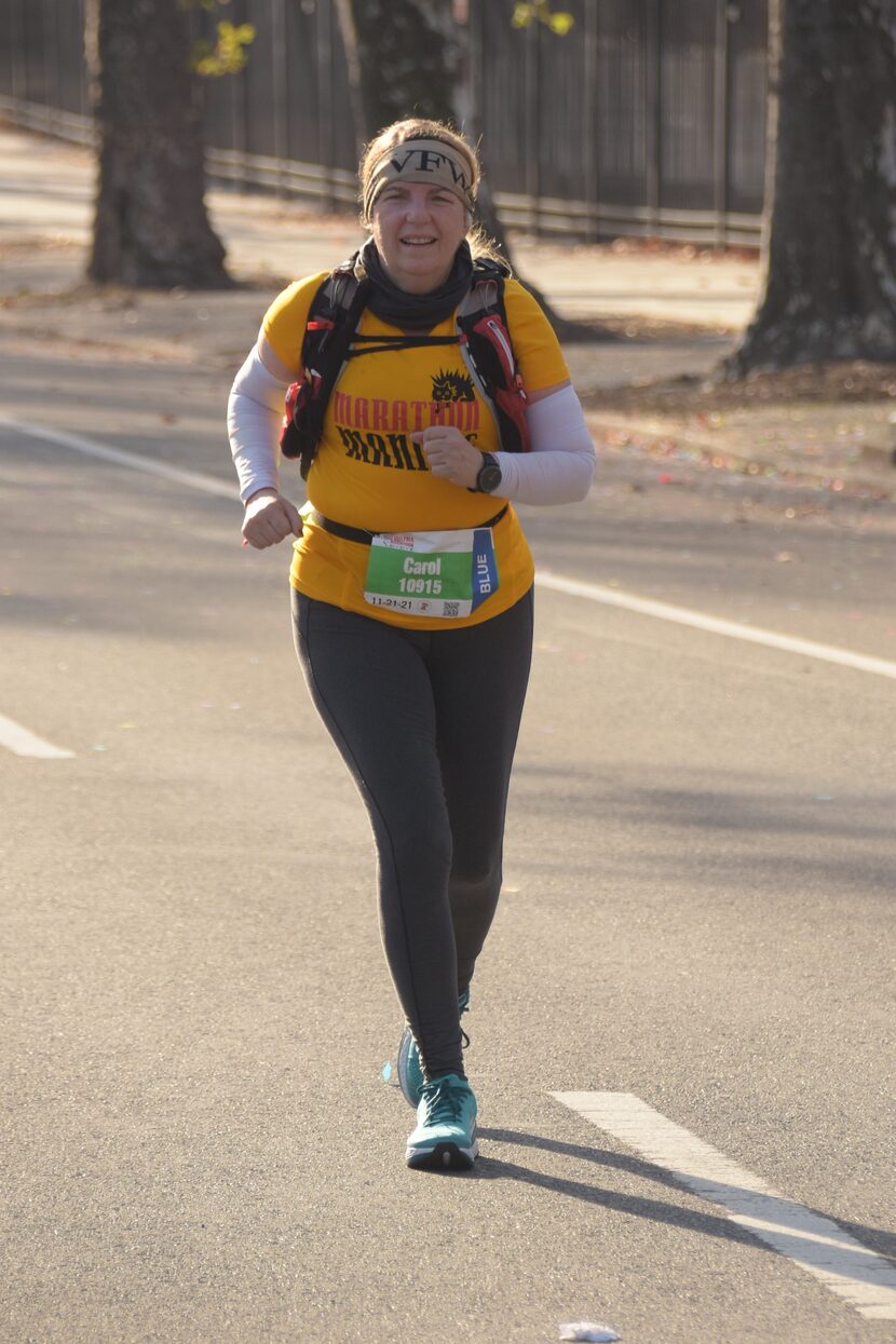 Carol Hughes runs her 50th marathon in November 2021 in the Philadelphia Marathon.