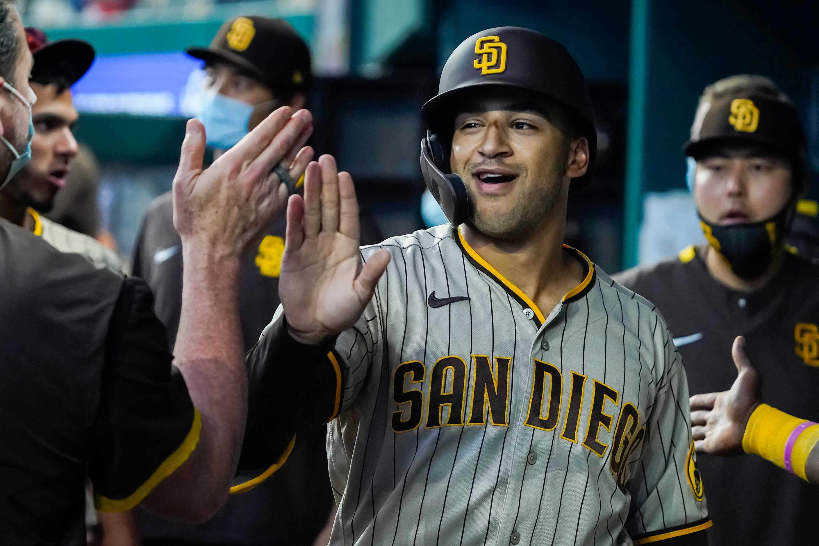 San Diego Padres outfielder Trent Grisham celebrates after hitting a solo home run during...