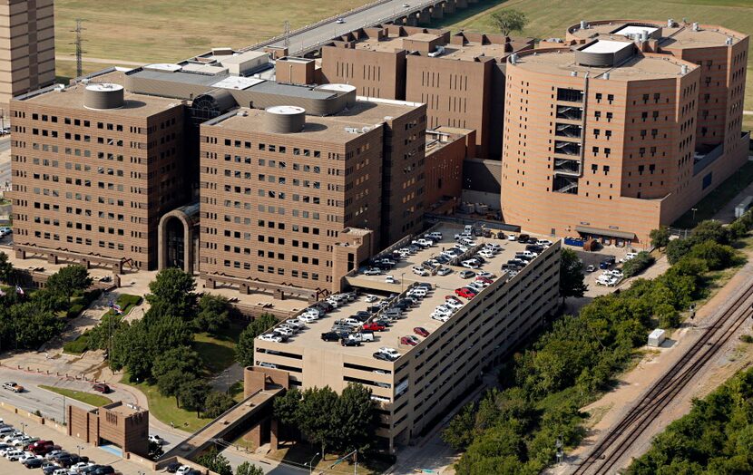 Aerial photo of the Frank Crowley Courts Building (left) and Lew Sterrett Justice Center...