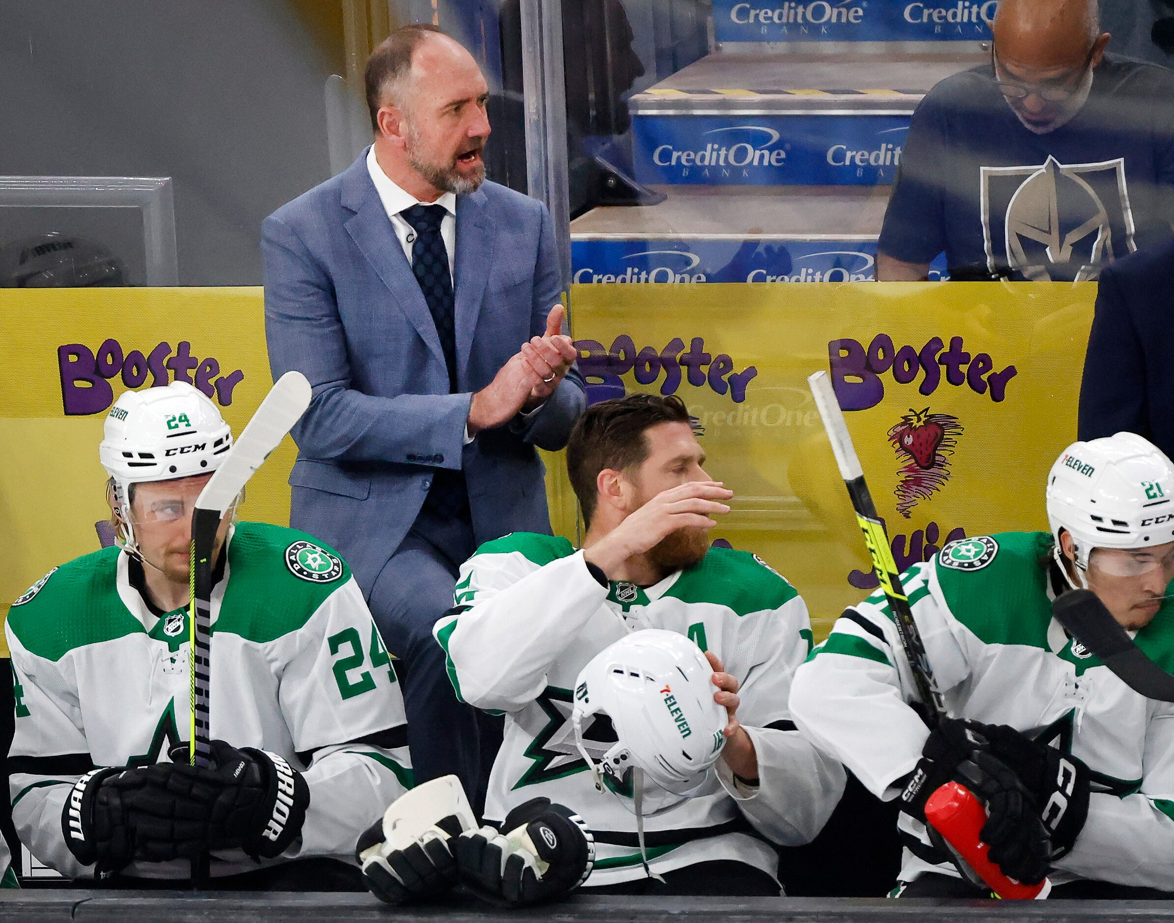 Dallas Stars head coach Peter DeBoer yells instruction to his players during the first...