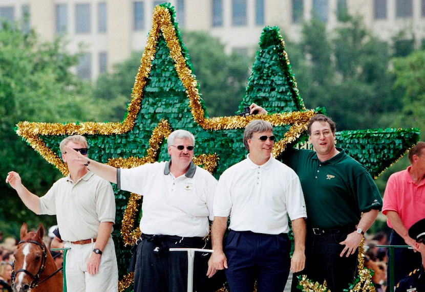 (From left) Dallas Stars assistant coach Doug Jarvis, head coach Ken Hitchcock, assistant...