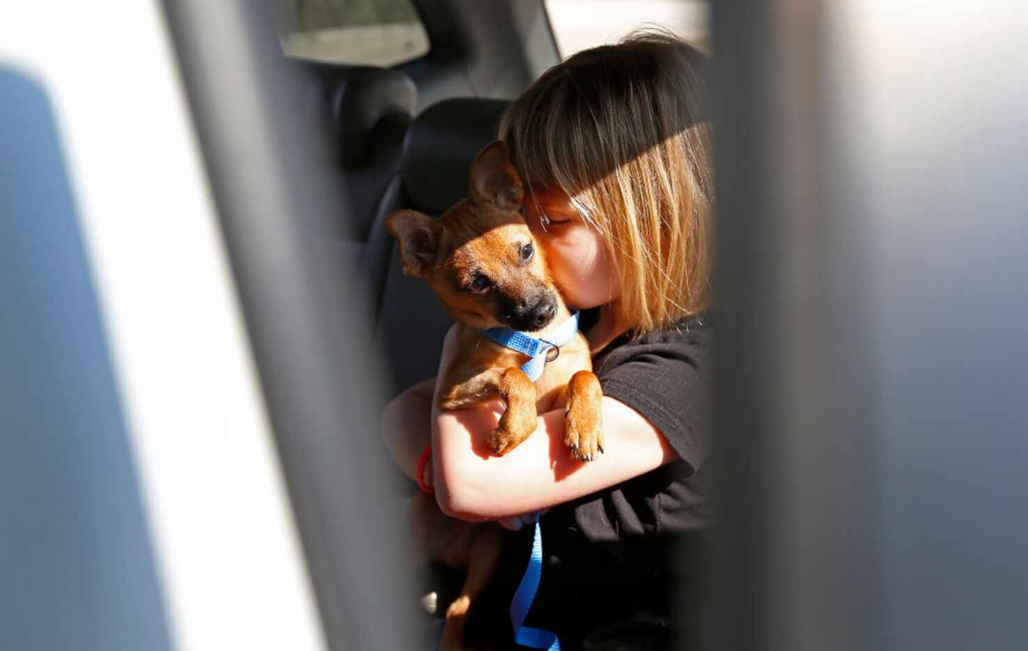 Lacey Diaz, 5, kisses rescued dog Lucky, a 4-month-old Chihuahua mix, inside the family's...